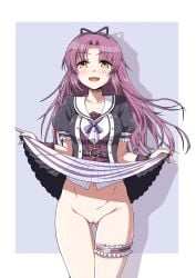 belt black_jacket black_ribbon blush bridal_garter clothes_lift eiyuu_densetsu female hair_ribbon highres jacket kuro_no_kiseki kyo9999 lolita_fashion long_hair looking_at_viewer navel no_panties open_mouth purple_hair purple_ribbon pussy renne_(eiyuu_densetsu) renne_bright ribbon sen_no_kiseki sen_no_kiseki_iv simple_background skirt skirt_lift solo sora_no_kiseki yellow_eyes