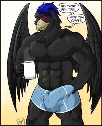 absurd_res anthro avian clothing dialogue erection hi_res koel male male_only muscular muscular_male nipples smile smirk solo underwear vju79