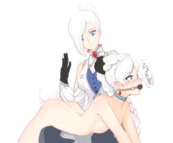 2girls ball_gag bending_over blue_eyes blush bondage captured clothed clothed_female_nude_female collar crying female femdom femsub gag happy_sub hiwonoafu incest lezdom multiple_girls nude on_knees pinned pulling_hair restrained rwby sisters spanking tears tears_of_pleasure weiss_schnee white_hair winter_schnee yuri