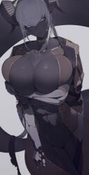 1girls 2d 2d_(artwork) arm_support arm_under_breasts ass bangs bare_midriff belly_button belt black_body black_skin breast_squeeze breast_squish breasts broken_armor choker cleavage cleavage_cutout dark-skinned_female dark_skin female female_focus female_only front_view fully_clothed fur_trim gold_(metal) hair_between_eyes hair_ornament headgear headwear hexagon hexagonal_pattern horn horns ill_(ub1mo) inner_sideboob inner_thighs large_breasts legwear long_ponytail looking_at_viewer midriff navel navel_line necklace non-human open_clothes open_jacket ponytail revealing_clothes robotic_arm short_hair short_sleeves simple_background skin_pattern sole_female solo solo_female solo_focus standing tagme tail thick_tail thighs transparent_clothing ub1mo voluptuous white_background white_hair wide_hips yellow_eyes