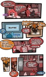 2018 anthro biped breasts canid closed_eyes cobalt_(tatsuchan18) collar comic daisy_(tatsuchan18) detailed_background dialogue english_text female fenrir_(tatsuchan18) fur group hair havoc_(tatsuchan18) hi_res hyaenid lagomorph leporid male mammal open_mouth rabbit sitting speech_bubble standing tatsuchan18 text