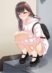 1girls artist_request backpack brown_eyes brown_hair crouching omo peeing squatting stairs upskirt urine