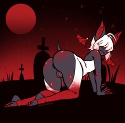 1boy animal_ears bat_ears bat_wings bent_over bodysuit dark_skin dezzie(stickyickytar) femboy graveyard long_fingernails male_focus ombre_hair presenting_ass short_hair snaggle_tooth stickyickytar tail vampire white_hair wings