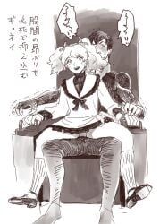 blush blush_lines bow char's_counterattack dokata_s frustrated gundam gyunei_guss japanese_text military_uniform monochrome neck_ribbon panties pussy quess_paraya sitting_on_lap size_difference skirt socks spread_legs text