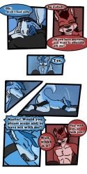 1:2 2017 9:18 all_fours anthro ass biped canid closed_eyes cobalt_(tatsuchan18) collar comic dialogue duo english_text fenrir_(tatsuchan18) fur hair hi_res male mammal open_mouth sitting speech_bubble tatsuchan18 text