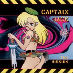 1girls :o album_cover belt beret blonde_hair blue_eyes bra breasts camo_clothing camo_print captain_jack cleavage english_text female female_focus female_only logo long_hair looking_at_viewer low_res necklace official_art one_eye_closed open_mouth panchira panties pantyshot skirt solo solo_female solo_focus sword tattoo text white_panties winking