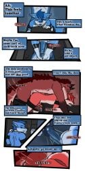 1:2 2017 9:18 anthro biped canid cobalt_(tatsuchan18) collar comic detailed_background duo english_text fenrir_(tatsuchan18) fur genitals hair hi_res male mammal penis standing tatsuchan18 text text_box