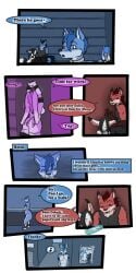 1:2 2017 9:18 anthro ass biped canid closed_eyes cobalt_(tatsuchan18) collar comic daisy_(tatsuchan18) detailed_background dialogue english_text female fenrir_(tatsuchan18) fur group hair hi_res lagomorph leporid male mammal mink_(tatsuchan18) open_mouth rabbit speech_bubble standing tatsuchan18 text