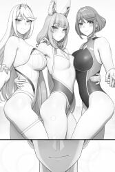 1boy 3girls blush breast_size_difference breasts canon_polyamory cat_ears catgirl choker eyes_out_of_frame foursome imminent_foursome imminent_sex lvl_(sentrythe2310) mythra nia nia_(blade) nia_(xenoblade) pyra rex_(xenoblade) short_hair smirk swimsuit thighs trio_focus xenoblade_(series) xenoblade_chronicles_2 xenoblade_chronicles_3