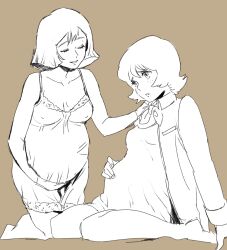 2girls crying dokata_s female female_only fraw_bow freckles gundam hand_on_mouth hand_on_shoulder holding_belly military_jacket mobile_suit_gundam monochrome nightgown partially_clothed pregnant pregnant_belly sayla_mass scarf simple_background smiling solid_color_background