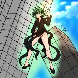 1girls buildings female female_only green_eyes green_hair moldybagelhere one-punch_man pussy solo tatsumaki