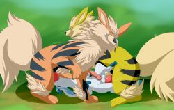 2022 absurdres anal animal_genitalia animal_penis arcanine canine_penis double_penetration eeveelution erection fellatio feral feral_on_feral_pokemon genitals glaceon group group_sex highres irrumatio knot larger_male looking_pleasured lying male motion_lines multicolored_body neck_bulge nintendo on_back oral penis pokemon pokemon_(species) quadruped ranthfox sex size_difference smaller_male smaller_penetrated spitroast teeth testicles threesome tongue tongue_out trio yaoi