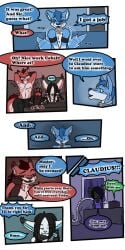 1:2 2017 9:18 anthro biped canid closed_eyes cobalt_(tatsuchan18) collar comic detailed_background dialogue english_text female fenrir_(tatsuchan18) fur group hair hi_res male mammal mink_(tatsuchan18) open_mouth sitting speech_bubble standing tatsuchan18 taur text