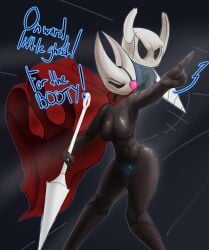 absurd_res anthro arthropod ass ball_gag breasts cape clothing duo eye_patch eyewear female gag genitals glistening glistening_body glowing glowing_genitalia glowing_pussy hi_res hollow_knight hornet_(hollow_knight) humor male male/female partb_(artist) protagonist_(hollow_knight) pussy team_cherry text vessel_(species) video_games