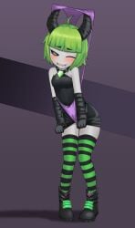 atomic_wedgie blush demon demon_girl dota dota_2 exposed_thighs gem gloves green_eyes green_hair grey_skin grey_skin horns neon neon_lights one-piece one_eye_closed panties pugna purple_panties rule_63 sharp_teeth smile sneakers stockings thighhighs thighhighs_under_boots thighs wedgie