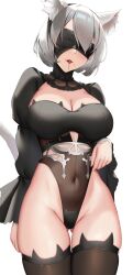 1girls beauty_mark black_socks blindfold breasts cat_ears cat_tail cat_thighighs catgirl female hi_res highleg_leotard hips huge_breasts leotard light-skinned_female light_skin mole_under_mouth nier nier:_automata short_hair skai_kun slim_waist socks thick_thighs thigh_socks thighhighs thighs white_hair wide_hips yorha_2b