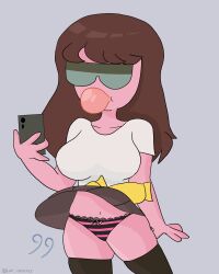 brown_hair bubble_gum glasses karlometer panchira panties pantyshot phone pink_skin skirt skirt_lift