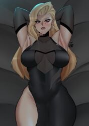 abs bed bedroom blonde_female blonde_hair blonde_hair clothed clothes clothing dagger_(marvel) dagger_(marvel_rivals) dress earrings high_slit_dress hips jso1232 long_hair muscular muscular_female thick_thighs thighs wide_hips