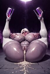 1girls after_sex ai_generated baldur's_gate_3 bimbo bimbo_body bukkake cum cum_in_pussy cum_on_breasts female high_heels hoop_earrings huge_breasts massive_ass massive_breasts minthara platform_heels purple_skin stockings white_hair white_legwear