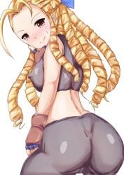 2d artist_request ass bare_midriff blonde_hair bra breasts brown_eyes bubble_butt busty capcom drill_hair erect_nipples female female_focus female_only hourglass_figure karin_kanzuki long_hair medium_breasts nipple_bulge ojou-sama rear_view sideboob sports_bra sportswear street_fighter tagme wide_hips