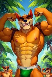 abs ai_generated biceps blush crash_(series) flexing furry furry_male gay jockstrap jockstrap_only looking_at_viewer male male_only muscular muscular_male nipples nude_male open_mouth orange_fur pecs red_eyes smile tiny_tiger toned_body toned_male twall97