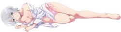 1girls bare_legs bare_shoulders blue_eyes cleavage kikuchi_fuuka laying_down looking_at_viewer medium_breasts pink_panties short_hair silver_hair white_shirt