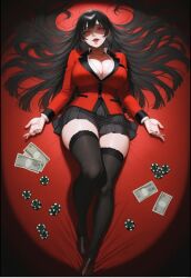 ai_generated big_breasts black_hair black_socks blazer hair_spread_out jabami_yumeko kakegurui money necklace poker_chip red_eyes red_fingernails school_uniform skirt socks thigh_socks thighhighs thighs watermark