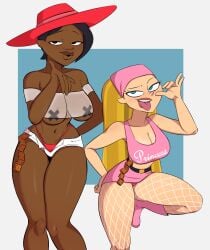 2girls big_breasts black_hair blonde_hair cartoon_network covered_nipples dark-skinned_female dark_skin jasmine_(tdi) light-skinned_female light_skin lindsay_(tdi) looking_at_viewer pasties solidus total_drama:_pahkitew_island total_drama_island