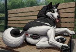 ai_generated anus canine_genitalia canine_pussy dog_park domestic_dog marley_(whizdog) park_bench zoophilia