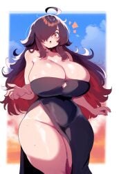 ai_generated amber_eyes ameanon black_dress dark_hair female large_breasts sorceress sorceress_sophia thick_thighs two_tone_hair villainess witch