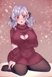 breasts cleavage_cutout girls_frontline red_eyes spas-12_(girls'_frontline) sweater_dress tights white_hair