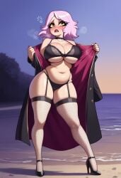 ai_generated beach breasts choker cleavage coat emberlynn_pinkle gondor952 helluva_boss high_heels huge_ass lingerie makeup thighhighs