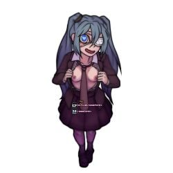 breasts breasts creepy_smile flashing flashing_breasts hatsune_miku heart-shaped_pupils heart_eyes monitoring_(deco*27) school_uniform showing_breasts stalking unbuttoned