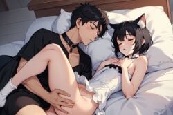 2boys ai_generated buff_male cat_boy cat_ears cat_hybrid catboy cute dress femboy larger_male male male_in_dress muscular_male sleeping small somnophilia submissive twink