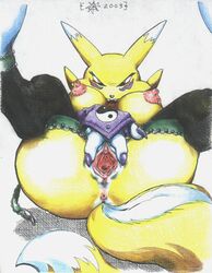 2003 anus ass breasts canine clitoris curled_up digimon digitigrade female fox puffy_nipples pussy renamon sawblade_(artist) solo spreading underwear