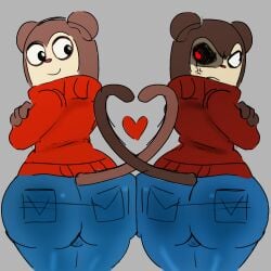 <3 anger_vein annoyed ass_focus big_ass black_eyes black_sclera brown_fur clodowall_19 clothing crossed_arms dark_brown_fur dark_fur evil_max_(max_design_pro) fat_ass fat_ass_femboy femboy frown furry heart heart_tail heart_tail_duo jeans looking_at_each_other max_(max_design_pro) max_design_pro mirrored_image pillow_shading pussy_visible_through_clothes red_pupil red_sweater red_turtleneck smile tagme twiddlefinger