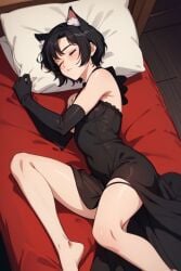 ai_generated black_dress cat_boy cat_ears cat_hybrid catboy cute dress femboy male sleeping small somnophilia submissive twink