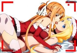 2girls ai_generated alice_schuberg big_breasts blonde_hair blue_eyes brown_eyes christmas_clothing christmas_outfit juanpiamvs kissing laying_down laying_on_person lingerie patreon patreon_username subscribestar subscribestar_username sword_art_online tongue_out watermark yuuki_asuna