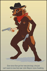 anthro bandana canine cowboy_hat cowgirl female fur furry glasses gun hat labia nude ouch piercing pussy revolver solo star_(artist) weapon