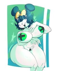 4_fingers anthro big_breasts breasts female fingers friday_night_funkin' genitals green_hair hair heart_symbol hi_res mammal michaela_(gondamouse) mouse murid murine pasties rabbit5gamer rodent solo star thick_thighs vulva white_body