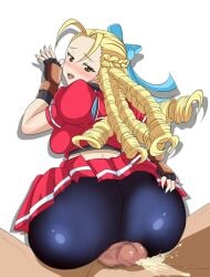 1boy 1girls 2d ass bubble_butt busty capcom female female_focus hourglass_figure juudai karin_kanzuki male penis rear_view school_uniform schoolgirl sitting sitting_on_lap sitting_on_person street_fighter street_fighter_alpha tagme wide_hips