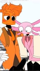 anemone axolotl blush circle_head erection erection_under_pants non-human orange_hair orange_tie orange_vest pink_tie pink_vest rolled_up_sleeves size_difference sweat toony wide_eyed