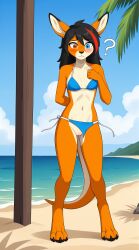 1girls 2025 accidental_exposure ai_generated anthro beach black_hair blushing confused curvy_figure digitigrade embarrassed furry hand_behind_back hi_res inner_ear_fluff innie_pussy kangaroo long_hair looking_at_viewer orange_fur outdoors pussy question_mark seaside shy wardrobe_malfunction white_fur