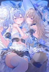 2girls absurdres alternate_costume black_pantyhose black_sleeves blush breasts brown_hair commentary_request detached_sleeves enmaided frilled_skirt frilled_sleeves frills grey_hair hat herta_(honkai:_star_rail) high_resolution highres honkai:_star_rail honkai_(series) long_hair maid medium_breasts midriff multiple_girls on_bed pantyhose pekokota ponytail purple_eyes silver_wolf_(honkai:_star_rail) skirt the_herta_(honkai:_star_rail) thighhighs white_thighhighs witch_hat yuri