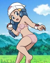 1girls ass ass_focus barefoot blue_hair breasts dawn_(pokemon) feet female female_only hat hat_only no_skirt npc npc_trainer panties poke_ball pokemon pokemon_dppt pokemon_trainer shoes_removed soles witchuus