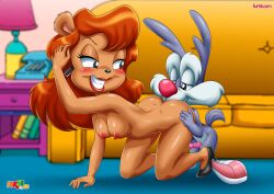 1boy 1girls anthro ass bbmbbf bear blush breasts calamity_coyote coyote erection female fur34 furry julie_bruin lipstick male male/female nipples nude palcomix penis sex teeth tiny_toon_adventures warner_brothers