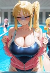 2girls absurdres ahoge ai_generated big_breasts blonde_hair blue_eyes blue_one-piece_swimsuit blurry blurry_background blush bocchi_the_rock! breast_awe breast_envy breast_size_difference breast_sucking_envy breasts cleavage competition_swimsuit depth_of_field female/female female_only gotou_hitori highres horny huge_breasts ijichi_nijika indoors jacket lane_line large_breasts long_hair looking_at_breasts meme multiple_girls one-piece_swimsuit pink_jacket pool poolside shy side_ponytail small_breasts sneaky_pervert sneaky_pervert_woman swimsuit turn_pale wet yuri