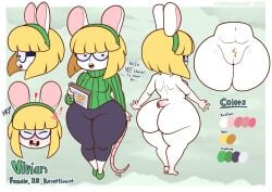 absurd_res anthro ass big_butt biped blonde_hair blush book breasts clothed clothing dialogue eyewear female genitals glasses hair hi_res huge_butt looking_at_viewer mammal mouse murid murine nude open_mouth pkfirefawx pubes pussy rodent simple_background solo standing text thick_thighs wearing_glasses white_body