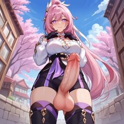 1futa 1girls ai_generated balls clothed cock colored elysia_(honkai_impact) elysia_(miss_pink_elf)_(honkai_impact) erection futanari hair_ornament honkai_(series) honkai_impact_3rd huge_cock light-skinned_futanari long_hair looking_at_viewer low-angle_view outdoors pink_hair purple_eyes solo