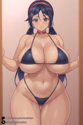 1girls ai_generated ass_visible_through_thighs bikini black_bikini black_hair blue_eyes blue_hair blush breasts choker cleavage collarbone cowboy_shot curvy female hair_ornament hairband hairclip highleg highleg_bikini huge_breasts long_hair looking_at_viewer low_twintails miside mita_(miside) navel parted_lips scrunchie skindentation solo swimsuit thick_thighs thigh_gap thighs twintails unjobdespiert wide_hips